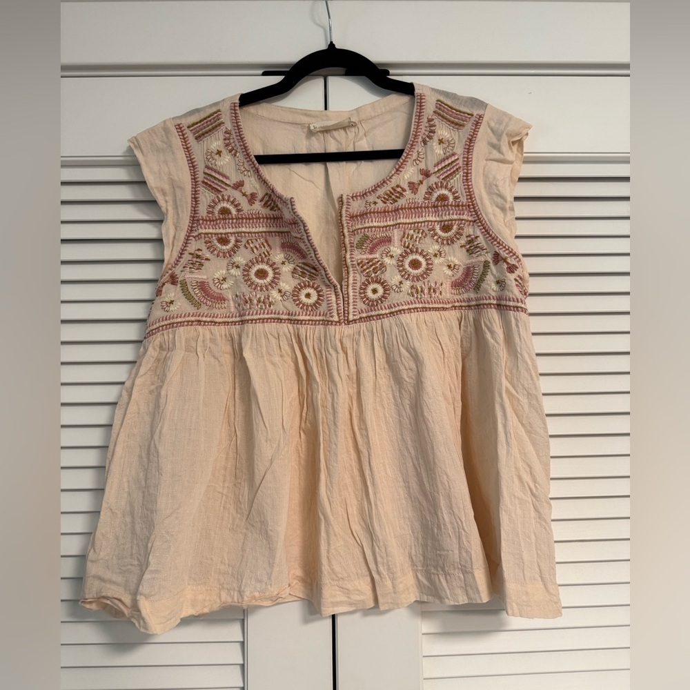 Lucky Brand Embroidered Cream Babydoll Style Top